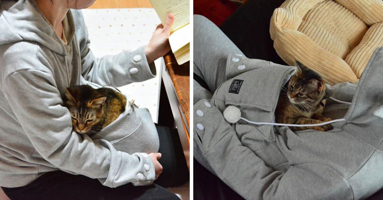 This Cozy Cat Hoodie With Kangaroo Pouch Lets You Literally Wear Your Cat