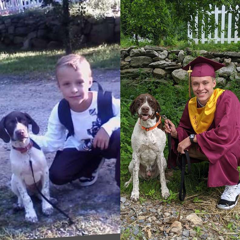 boy who recently graduated and beloved dog recreate the same photo from first day of school 03
